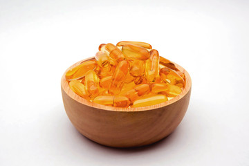 ish oil,Cod liver oil omega 3 Capsules isolated on white background for health care concept.	