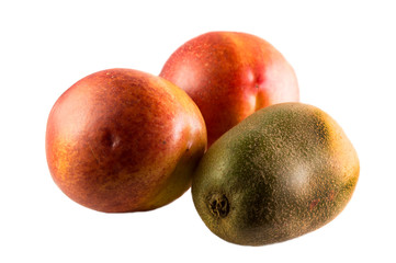 two peaches and kiwi isolated on white background