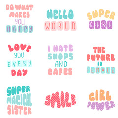 Lettering typography girl overlay set. Motivational quote. Cute inspiration typography. Calligraphy postcard poster photo graphic design element. Hand written sign.