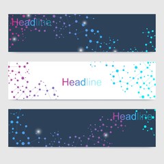 Scientific set of modern vector banners. DNA molecule structure with connected lines and dots. Scientific and technology concept. Wave flow graphic background for your design. Vector illustration.