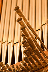Fragment of pipes of a church organ closeup
