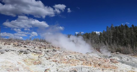 Yellowstone National Park geyser basin steam. Geothermal ecosystem environment. Largest super volcano on the continent. Biology geography and ecology. Millions of tourist.