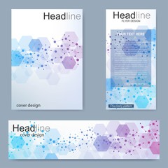 Set flyer, brochure size A4 template,banner. Molecular structure with connected lines and dots. Scientific pattern atom DNA with elements for magazine, leaflet, cover, poster design.