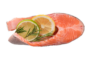 Steak of red fish, salmon with lemon, rosemary and thyme. Trout on white background.