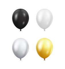 Multi-colored balloons isolated on white background. Glossy black, white, silver and gold 3D realistic helium balloons. Vector concept for banner, cards and other designs.