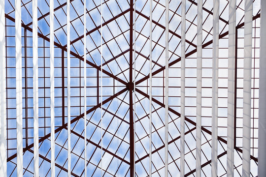 Skylight glass roof of an atrium, with geometric structure in modern contemporary architectural style