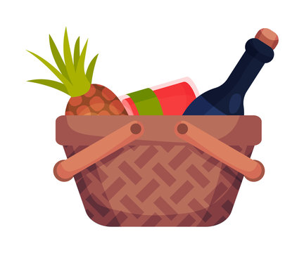 Picnic basket with anance and a bottle. Vector illustration on a white background.