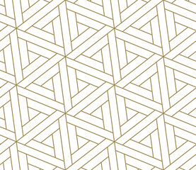 Fototapeta premium Seamless pattern with abstract geometric line texture, gold on white background. Light modern simple wallpaper, bright tile backdrop, monochrome graphic element