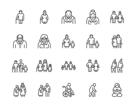 Elder people care flat line icons set. Senior couple, nursing home, happy old man exercising, patient support vector illustrations. Outline signs older citizens. Pixel perfect 64x64. Editable Strokes