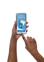Closeup Of Afro Woman's Hand Booking Flight On Mobile App
