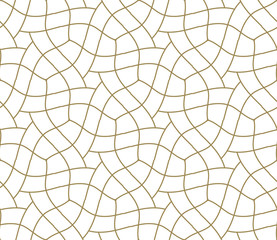 Obraz premium Seamless pattern with abstract geometric line texture, gold on white background. Light modern simple wallpaper, bright tile backdrop, monochrome graphic element