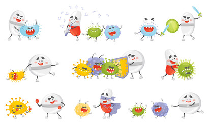 Set of cartoon pills and germs. Vector illustration.