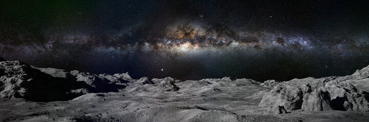 Fototapeta Moon surface, lunar landscape with Milky Way over the horizon obraz
