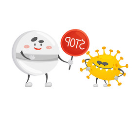 Round humanized pill holds a stopper. Stop. Vector illustration.