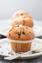 muffins with chocolate on white dish on ceramic background