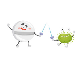 Round cartoon tablet and a microbe with swords. Vector illustration on a white background.