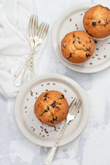 muffins with chocolate on white dish on ceramic background