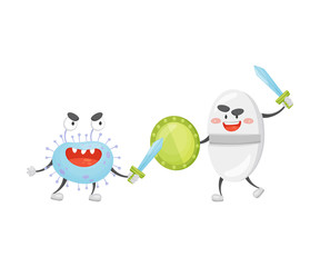 Cartoon tablet with a shield and sword fighting with a microbe. Vector illustration on a white background.