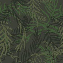 Hand drawn camo with leaf, seamless pattern. Grunge branches and herbs green camouflage background. Distressed texture wallpaper. Fabric design. Ink vector 