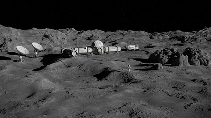 astronaut on Moon surface, lunar landscape with permanent base (3d science illustration)