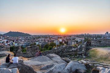 Plovdiv / Bulgaria - September 15 2019: People waching sunset from Nebet tepe Hill in Plovdiv city, Bulgaria - the oldest European city
