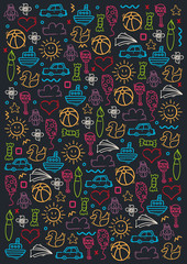 Naklejka premium Hand draw Kids doodle background. Objects from a child's life.