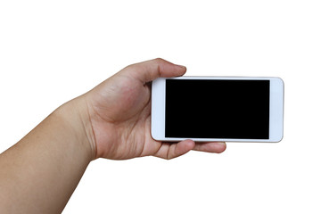 Hand of a man holding smartphone device isolated on white.