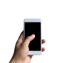 Hand of a man holding smartphone device isolated on white.