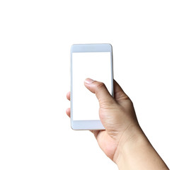 Hand of a man holding smartphone device isolated on white.