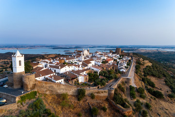 Aerial view of the beutiful historical village of Monsaraz, in Alentejo, Portugal; Concept for travel in Portugal