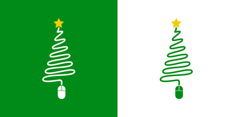 Logotipo con árbol de navidad abstracto con cable y mouse verde y blanco - obrazy, fototapety, plakaty