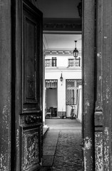 Black and white photography of shabby double door surface with flaking paint. Opened door to courtyard inside old house in Paris France. Vintage framed door details. City life scene. Travel Europe.