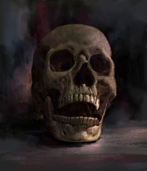 Creepy human skull for horror, Halloween or death themed concepts, illustration painting of digital art style