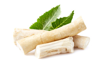Horseradish root with leaves on white background