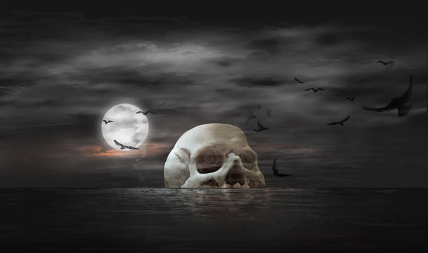 Skull-like island in the middle of the sea, Halloween or death themed concepts, illustration painting of digital art style