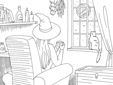 Witch sitting in an armchair drinking tea and looking out the window at the moon graphic black white sketch illustration vector