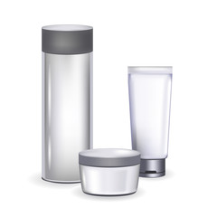 Cosmetic empty tube packaging with glossy plastic or metal silver cap  on transparent white background. Vector package for cream. Blank container template for cosmetic product design.