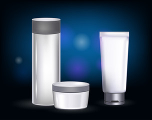 Cosmetic empty tubes packaging with glossy plastic or metal silver cap  on transparent blue background. Vector package for cream. Blank containers template for cosmetic product design.