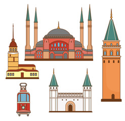Cartoon Turkey symbols and objects set: Saint Sophie Cathedral, Maiden's Tower, palace of Topapa, Galata Tower.  Istanbul architecture.