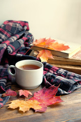 beautiful autumn composition with tea. Autumn still life with Cup of tea, autumn red and yellow maple leaves. fall season concept. men's plaid shirt and tea. soft focus