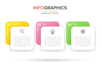 Fototapeta na wymiar Concept of arrow business model with 3 successive steps. Three colorful rectangular elements. Timeline design for brochure, presentation. Infographic design layout.