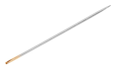 needle with a gold ear for beads on an isolated white background