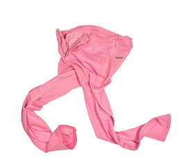 Running pink jeans on isolated white background