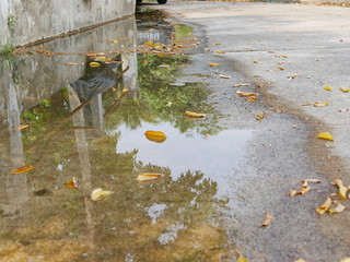 Closeup of flooding roadway side as the clogged or ineffective street drainage system failed to...