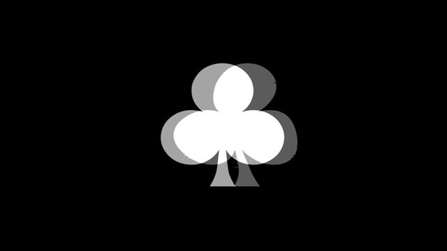 Playing Card Suit Club Icon Old Vintage Twitched Bad Signal Screen Effect 4K Animation. Twitch, Noise, Glitch Loop with Alpha Channel.