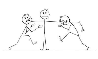 Vector cartoon stick figure drawing conceptual illustration of man, businessman or manager or leader stopping fight of two angry colleagues. Concept of leadership.