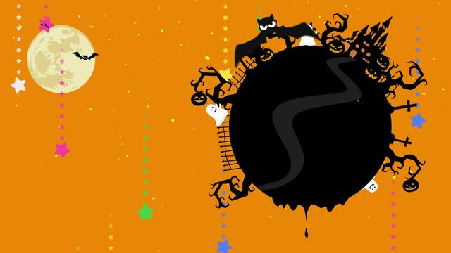 Halloween illustration with copyspace. Melted space for creative design. Liquid drop flows on halloween loop animation. Mystic pumpkins, ghost and castle in forest. Black bats flying.