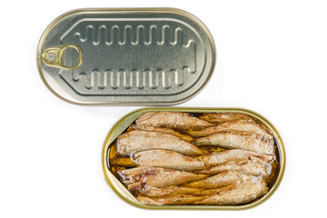 Top view of open and sealed tin cans with sprats