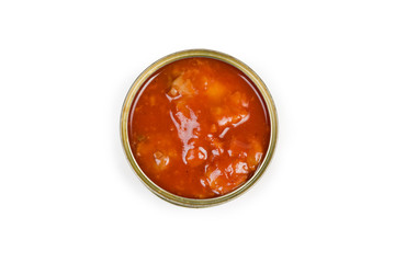 Top view of open canned fish in tomato sauce