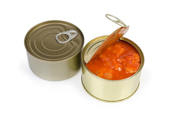 One sealed and one open tin cans of canned fish